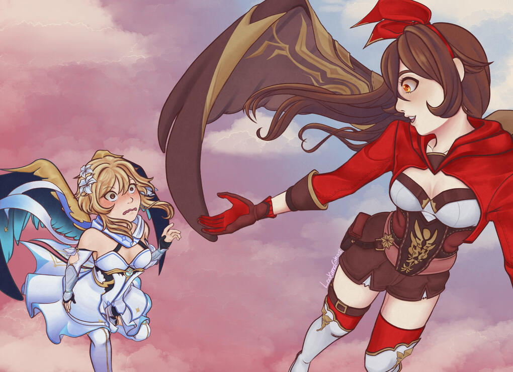 Amber extending her hand to help a flustered Lumine while gliding. Genshin Impact fanart.