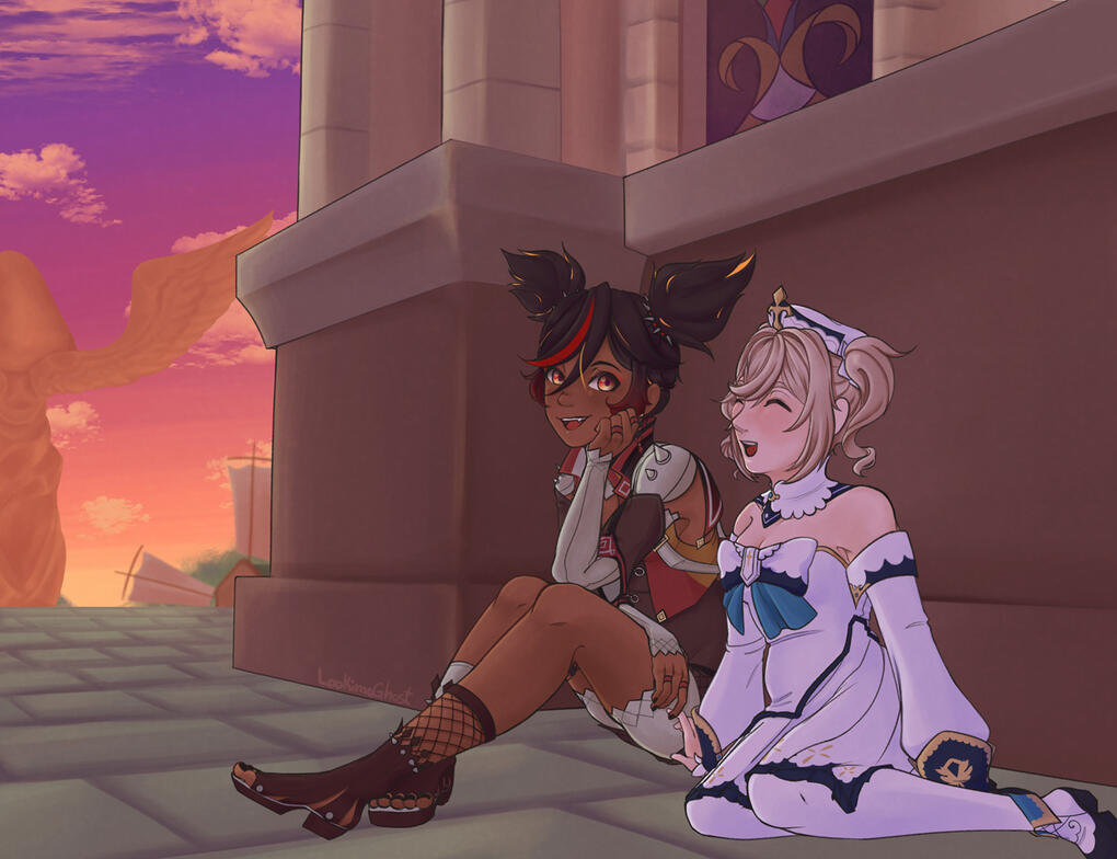 Xinyan and Barbara from Genshin Impact. They are both smiling, barely holding hands, sitting against Mondstadt's Church.