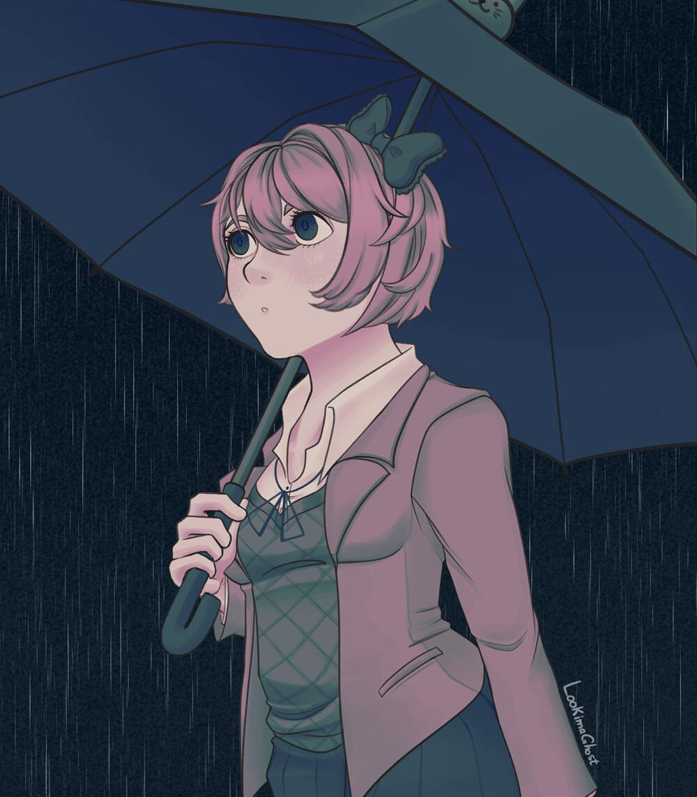 Sayori from Doki Doki Literature Club. She's holding an umbrella and looking up. It's raining.